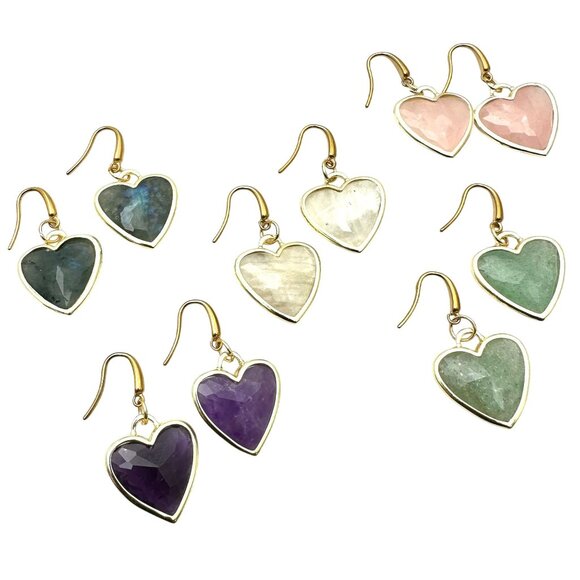 Womens Labradorite Gemstone Heart Gold Plated Earrings Pierced Chandelier - Picture 6 of 6